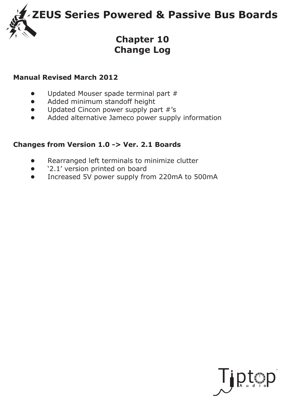 Zeus series powered & passive bus boards, Chapter 10 change log | Tiptop Powered Bus User Manual | Page 22 / 22