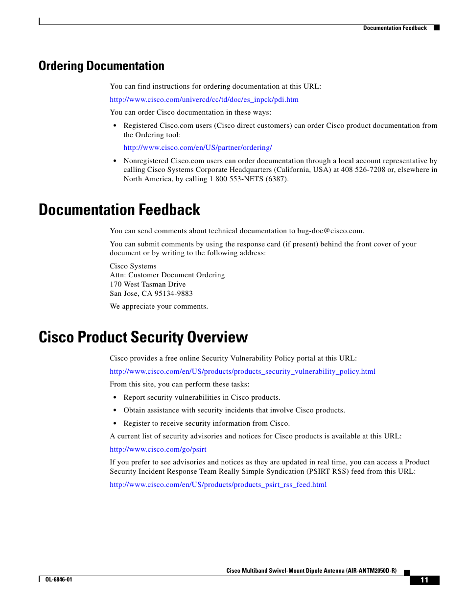 Ordering documentation, Documentation feedback, Cisco product security overview | Cisco Multiband Swivel-Mount Dipole Antenna AIR-ANTM2050D-R User Manual | Page 11 / 14