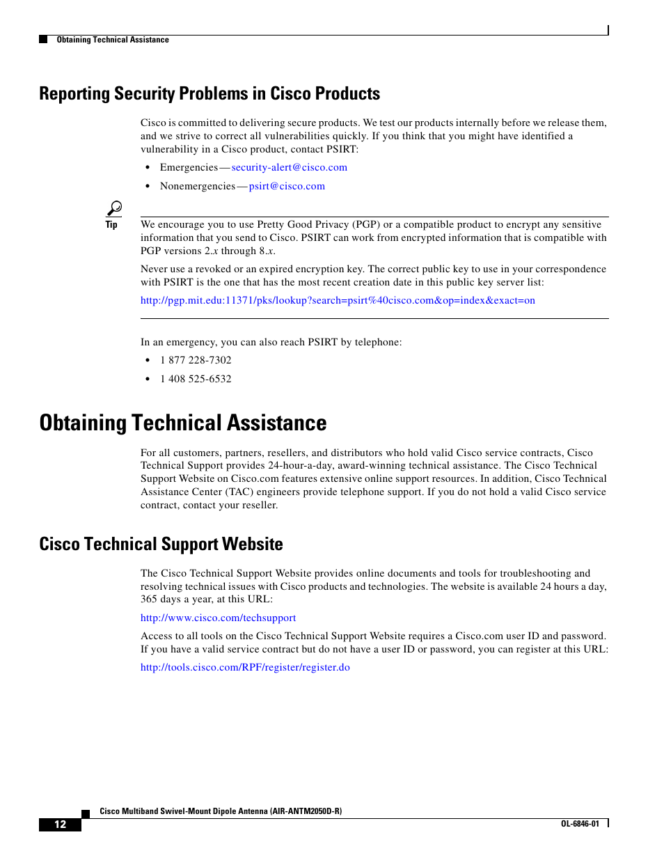 Reporting security problems in cisco products, Obtaining technical assistance, Cisco technical support website | Cisco Multiband Swivel-Mount Dipole Antenna AIR-ANTM2050D-R User Manual | Page 12 / 14