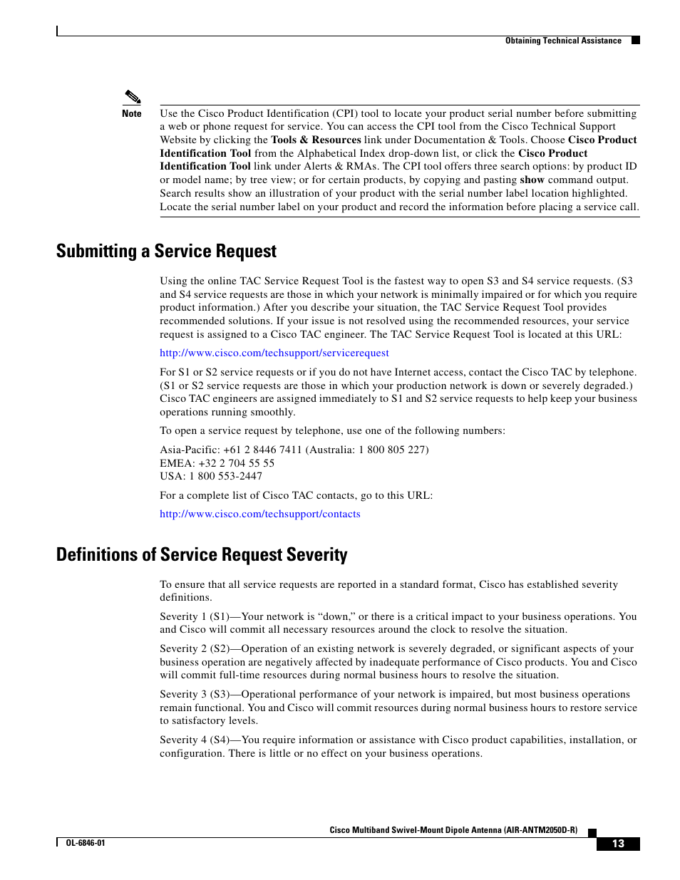Submitting a service request, Definitions of service request severity | Cisco Multiband Swivel-Mount Dipole Antenna AIR-ANTM2050D-R User Manual | Page 13 / 14