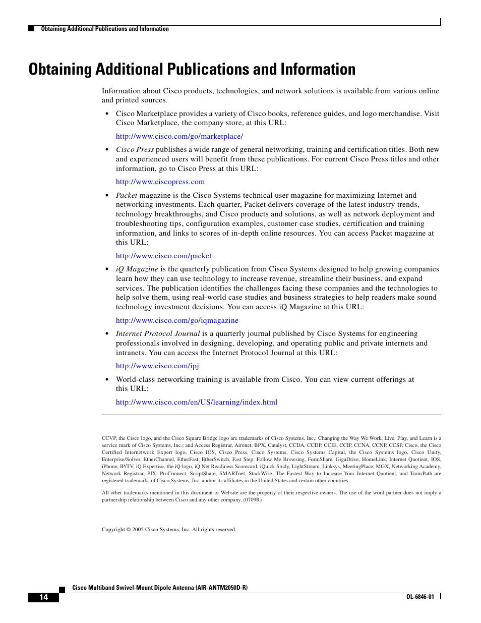 Obtaining additional publications and information | Cisco Multiband Swivel-Mount Dipole Antenna AIR-ANTM2050D-R User Manual | Page 14 / 14