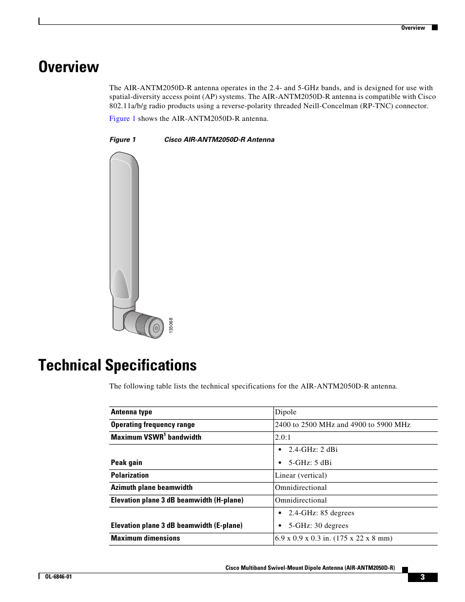 Overview, Technical specifications | Cisco Multiband Swivel-Mount Dipole Antenna AIR-ANTM2050D-R User Manual | Page 3 / 14