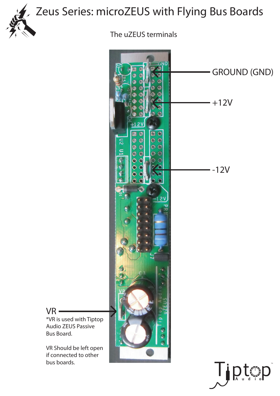 Conection diagram.ai, Zeus series: microzeus with flying bus boards, Ground (gnd) +12v -12v vr | Tiptop µZEUS Power User Manual | Page 5 / 6