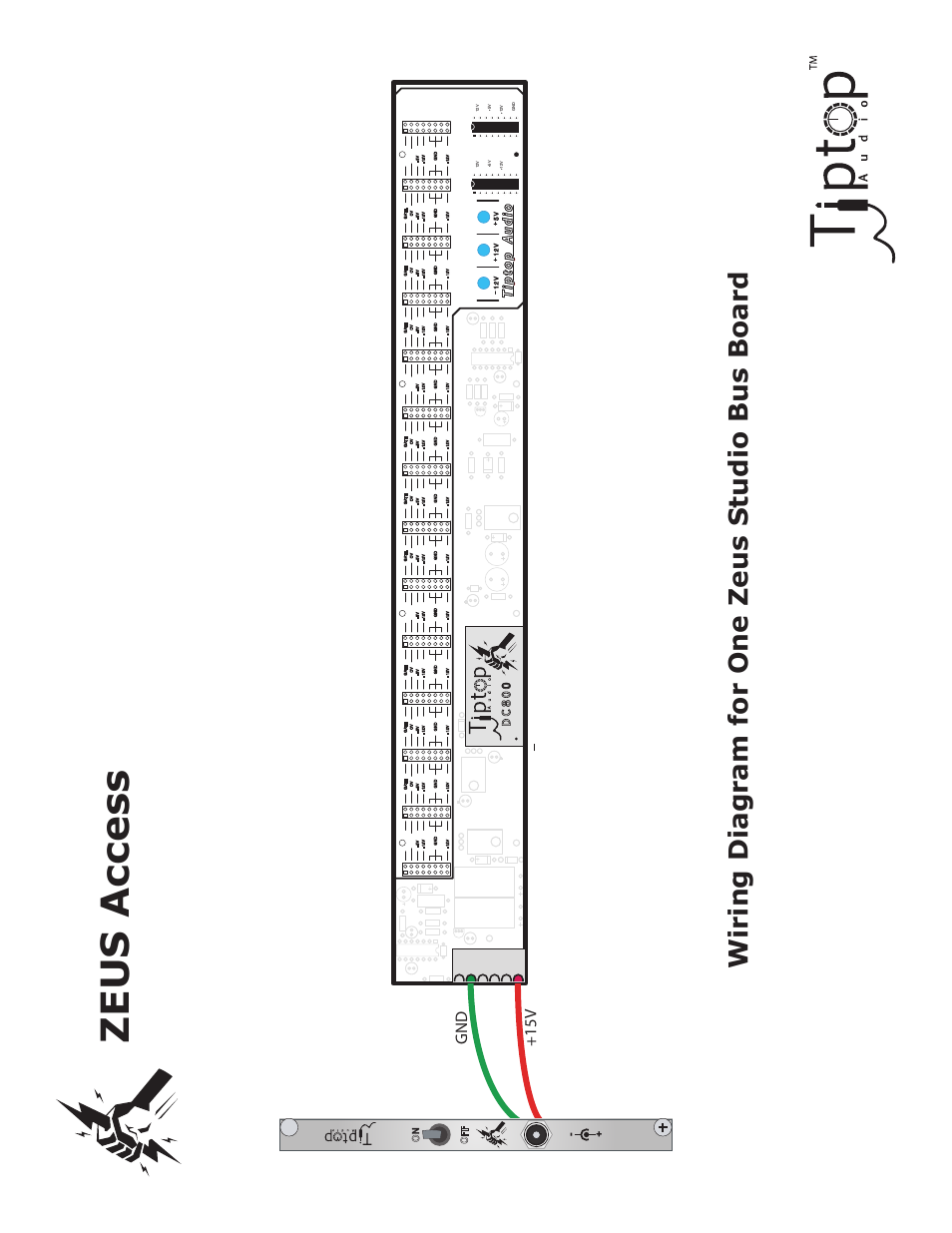 Zeus access, Wiring diagram for one zeus studio bus board, 15v gnd | Tiptop Access User Manual | Page 5 / 6