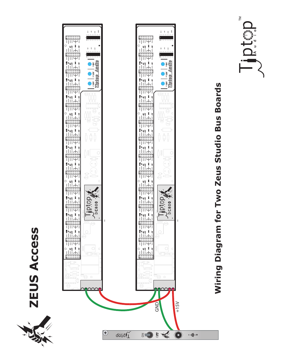 Zeus access, Wiring diagram for two zeus studio bus boards, 15v gnd | Tiptop Access User Manual | Page 6 / 6