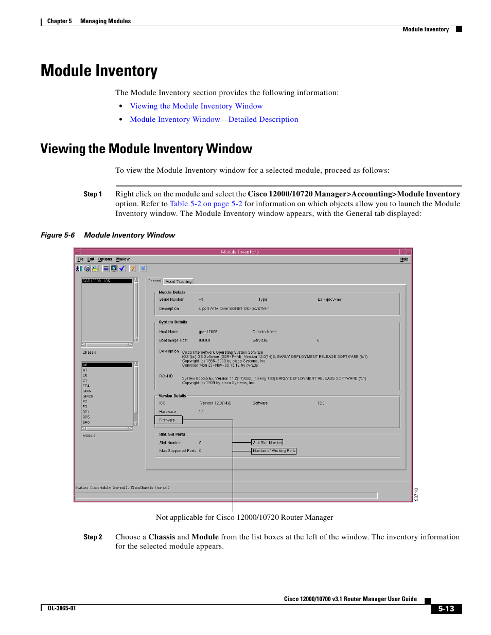 Module inventory, Viewing the module inventory window | Cisco 10700 User Manual | Page 13 / 16