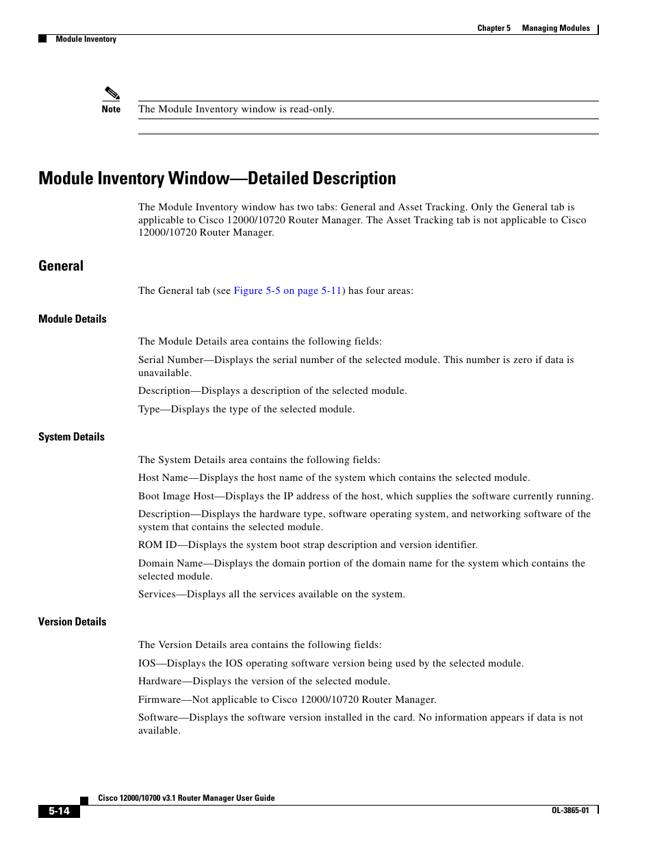 Module inventory window-detailed description, General, Module inventory window—detailed description | Cisco 10700 User Manual | Page 14 / 16