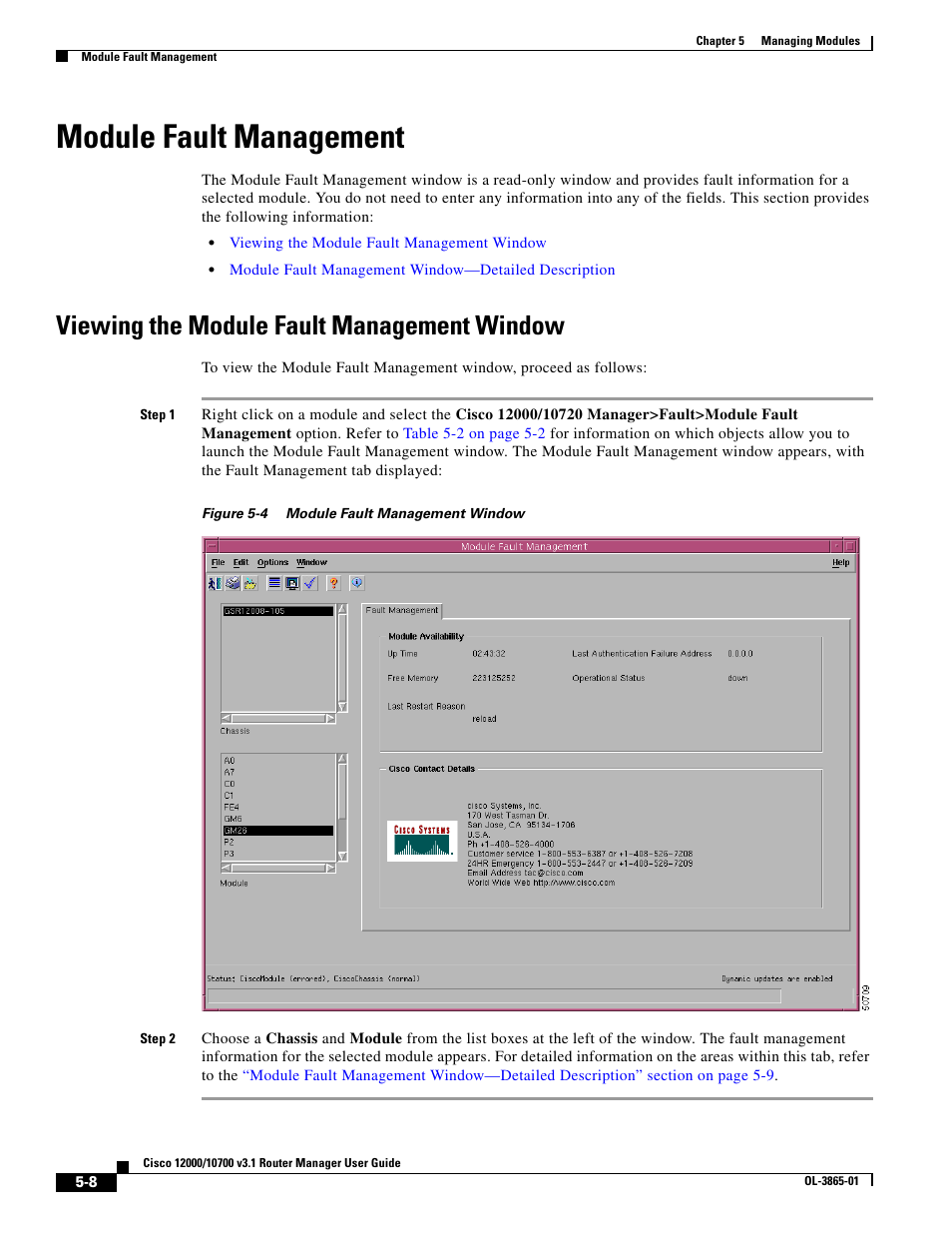 Module fault management, Viewing the module fault management window | Cisco 10700 User Manual | Page 8 / 16