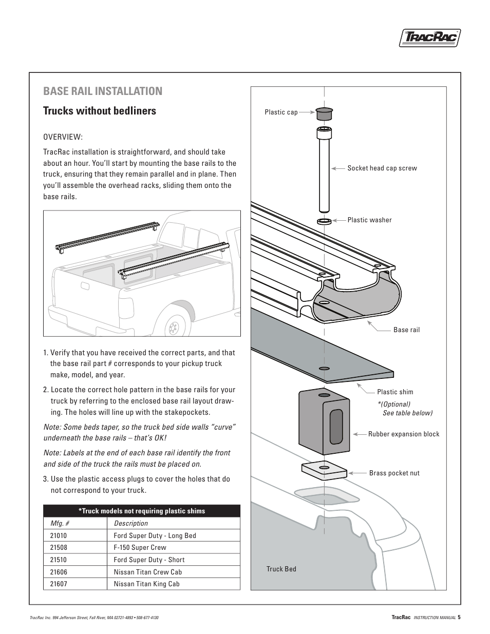 Base rail installation trucks without bedliners | TracRac IM TracRac User Manual | Page 5 / 12