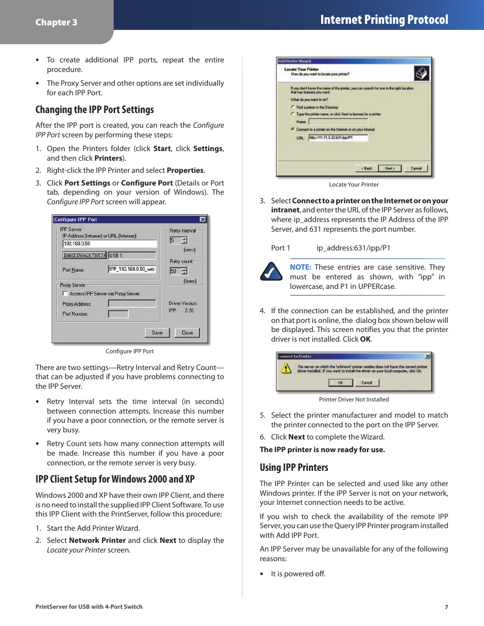 Internet printing protocol, Changing the ipp port settings, Ipp client setup for windows 2000 and xp | Using ipp printers | Cisco PSUS4 User Manual | Page 10 / 41