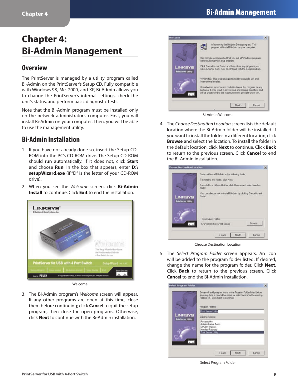 Chapter 4: bi-admin management, Overview, Bi-admin installation | Overview bi-admin installation, Bi-admin management | Cisco PSUS4 User Manual | Page 12 / 41