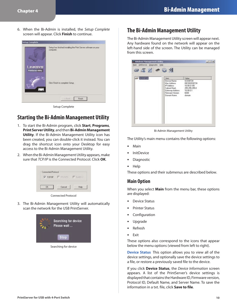 Starting the bi-admin management utility, The bi-admin management utility, Bi-admin management | Main option | Cisco PSUS4 User Manual | Page 13 / 41