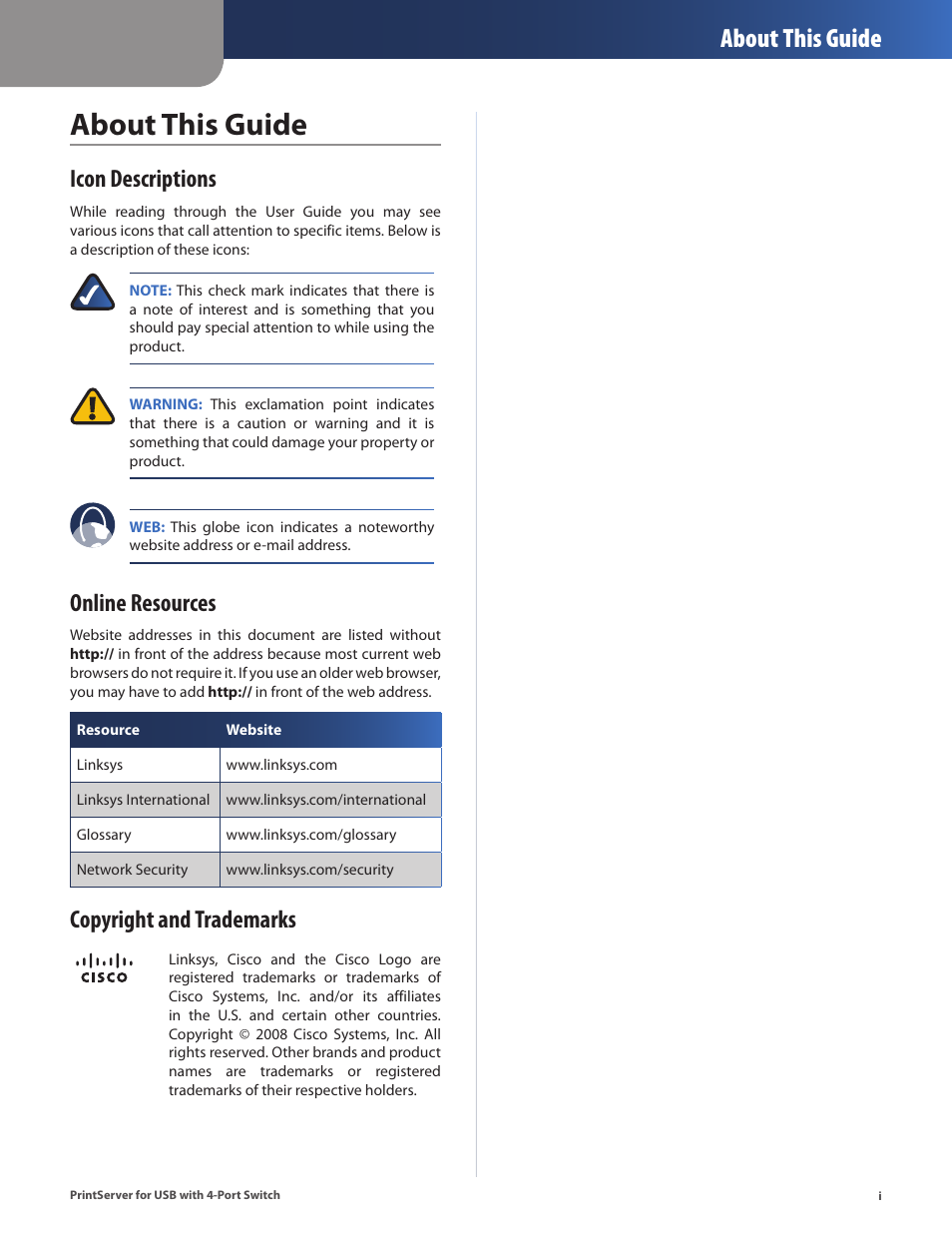 About this guide, Icon descriptions, Online resources | Copyright and trademarks | Cisco PSUS4 User Manual | Page 2 / 41