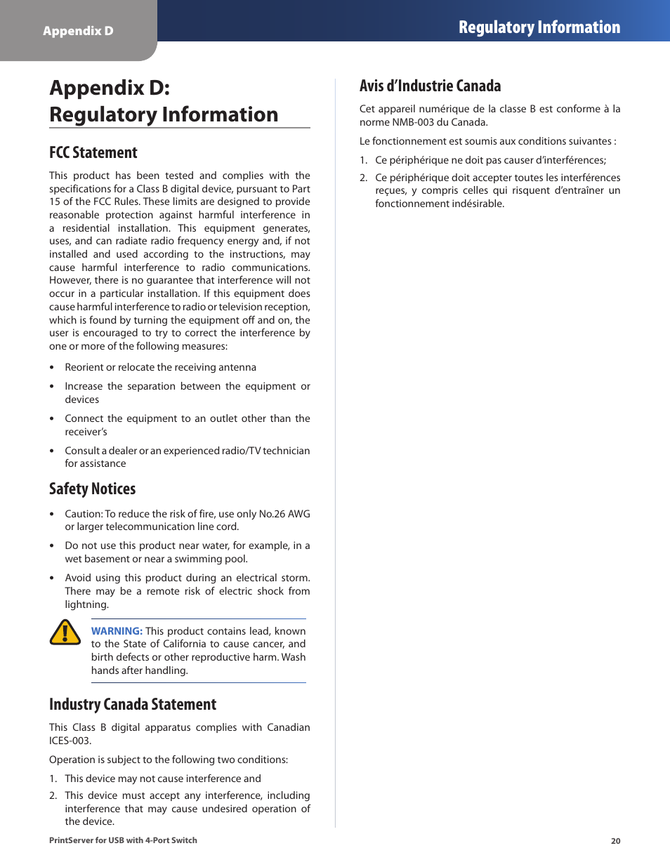 Appendix d: regulatory information, Fcc statement, Safety notices | Industry canada statement, Regulatory information, Avis d’industrie canada | Cisco PSUS4 User Manual | Page 23 / 41