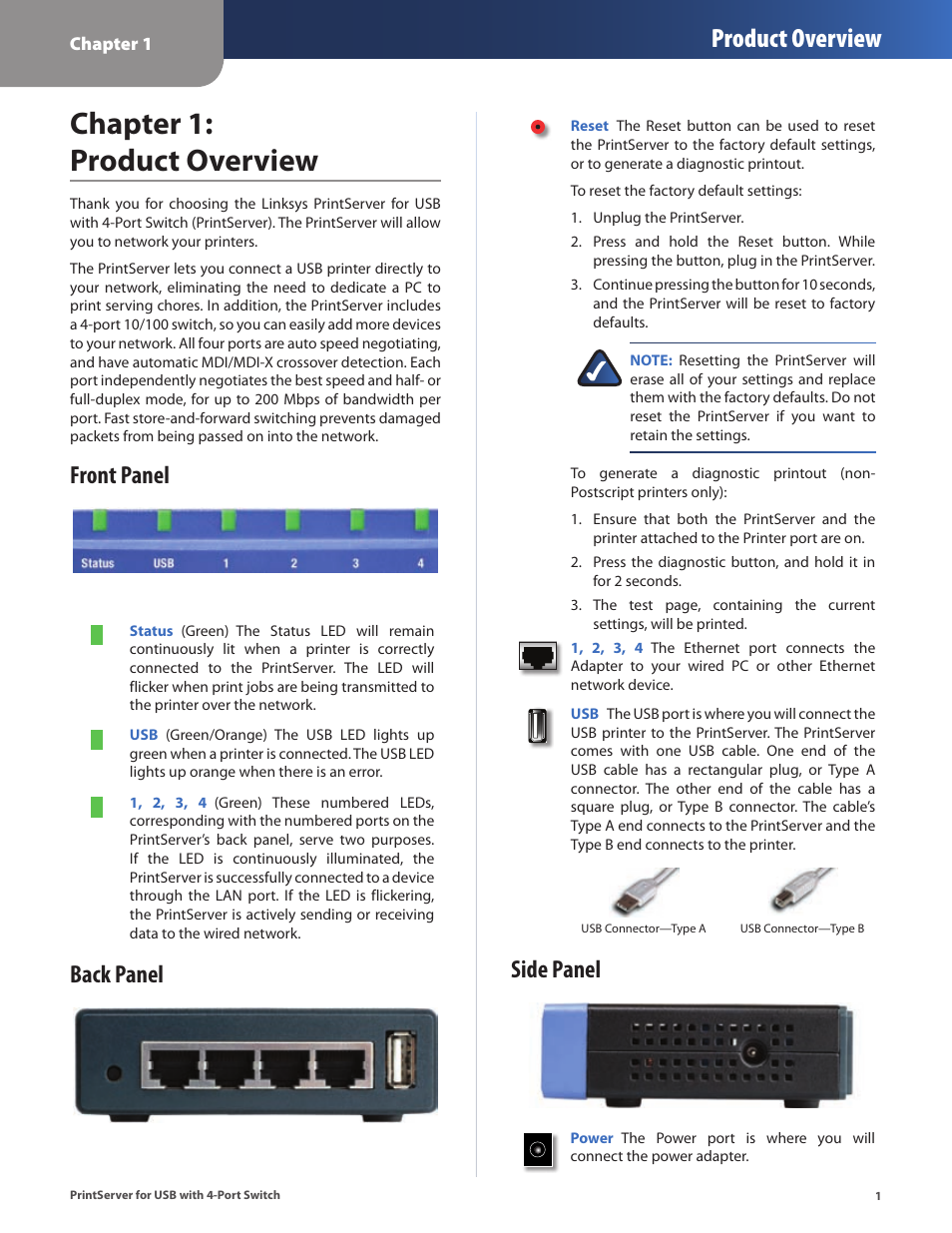 Chapter 1: product overview, Front panel, Back panel | Side panel, Front panel back panel side panel, Product overview | Cisco PSUS4 User Manual | Page 4 / 41