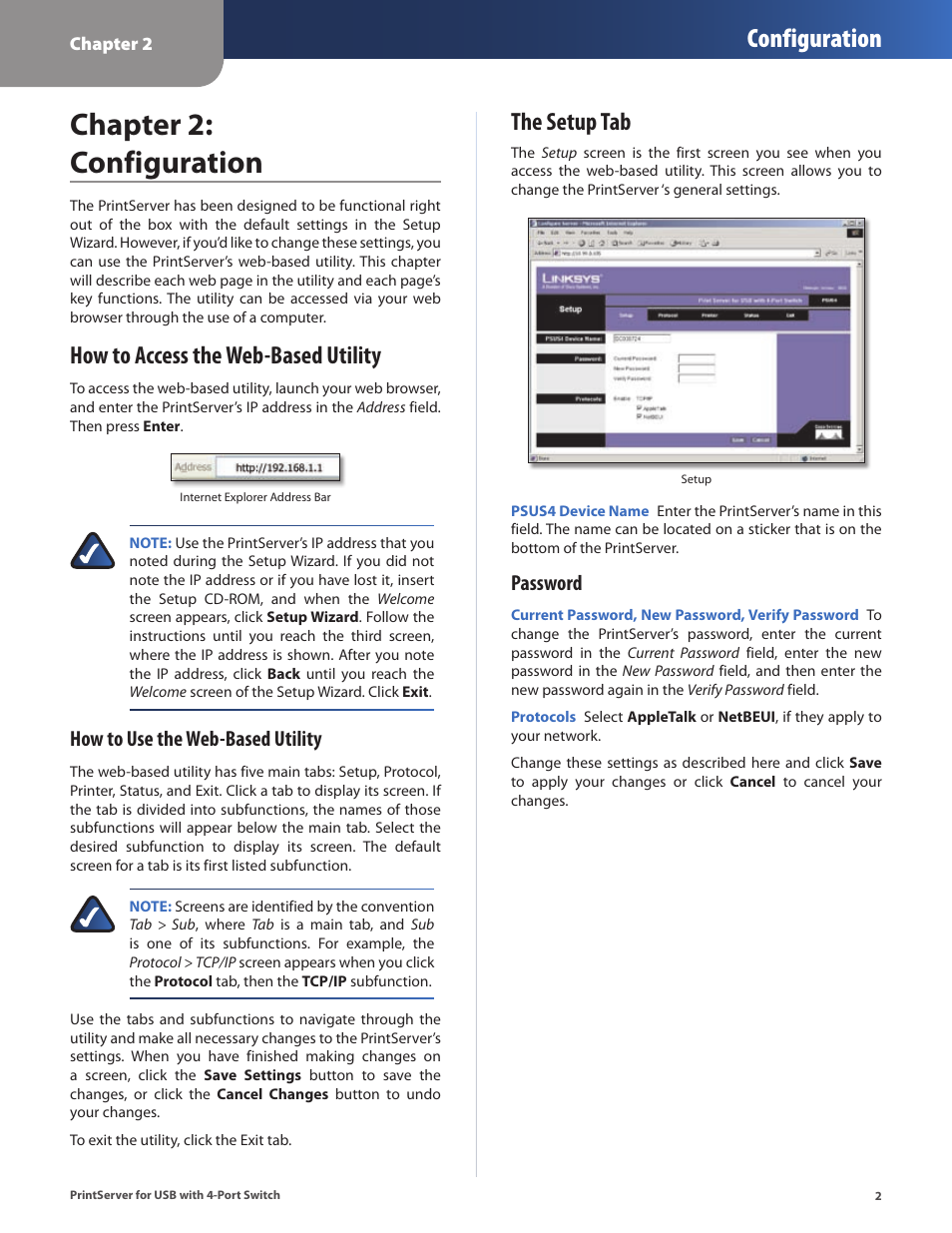 Chapter 2: configuration, How to access the web-based utility, Configuration | The setup tab, How to use the web-based utility, Password | Cisco PSUS4 User Manual | Page 5 / 41