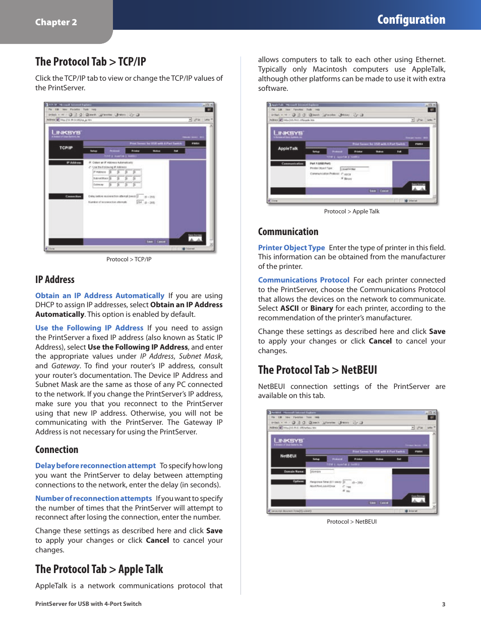 The protocol tab > tcp/ip, The protocol tab > apple talk, The protocol tab > netbeui | Configuration, Ip address, Connection, Communication | Cisco PSUS4 User Manual | Page 6 / 41