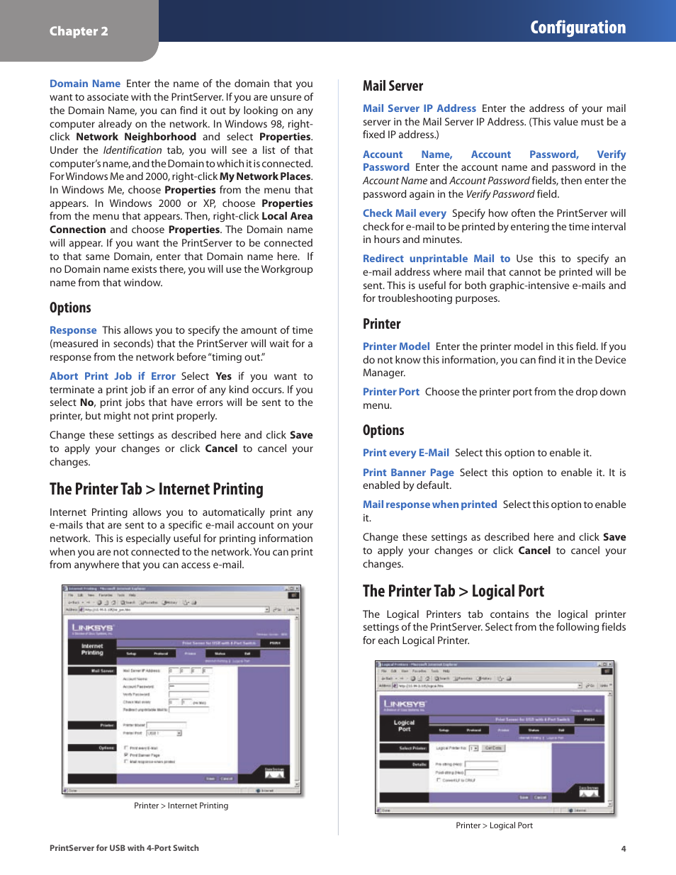 The printer tab > internet printing, The printer tab > logical port, Configuration | Options, Mail server, Printer | Cisco PSUS4 User Manual | Page 7 / 41