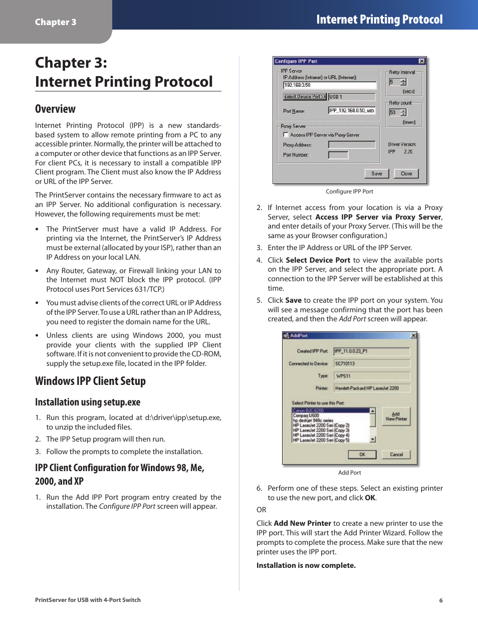 Chapter 3: internet printing protocol, Overview, Windows ipp client setup | Overview windows ipp client setup, Internet printing protocol, Installation using setup.exe | Cisco PSUS4 User Manual | Page 9 / 41