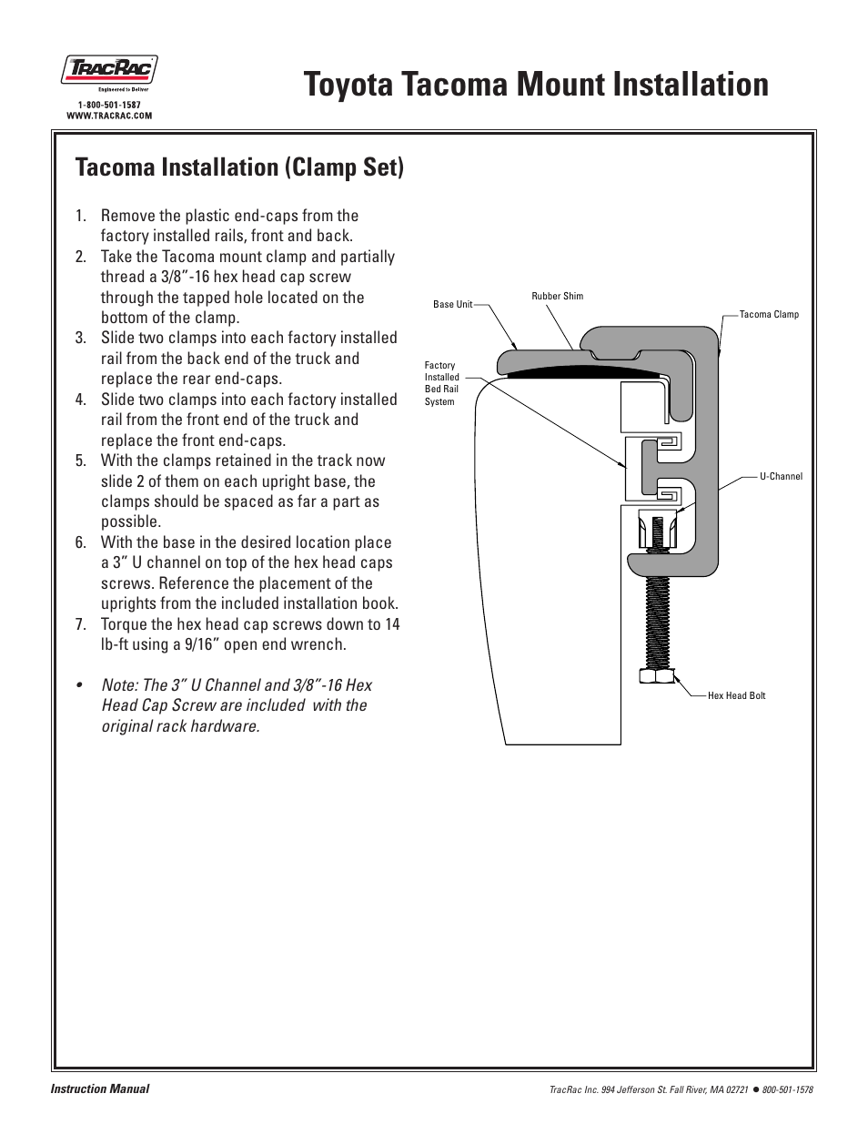 Toyota tacoma mount installation, Tacoma installation (clamp set) | TracRac IM T-Rac G2 User Manual | Page 10 / 14