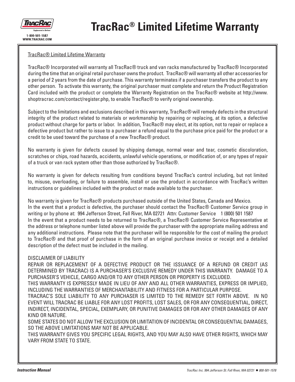 Tracrac, Limited lifetime warranty | TracRac IM T-Rac G2 User Manual | Page 12 / 14