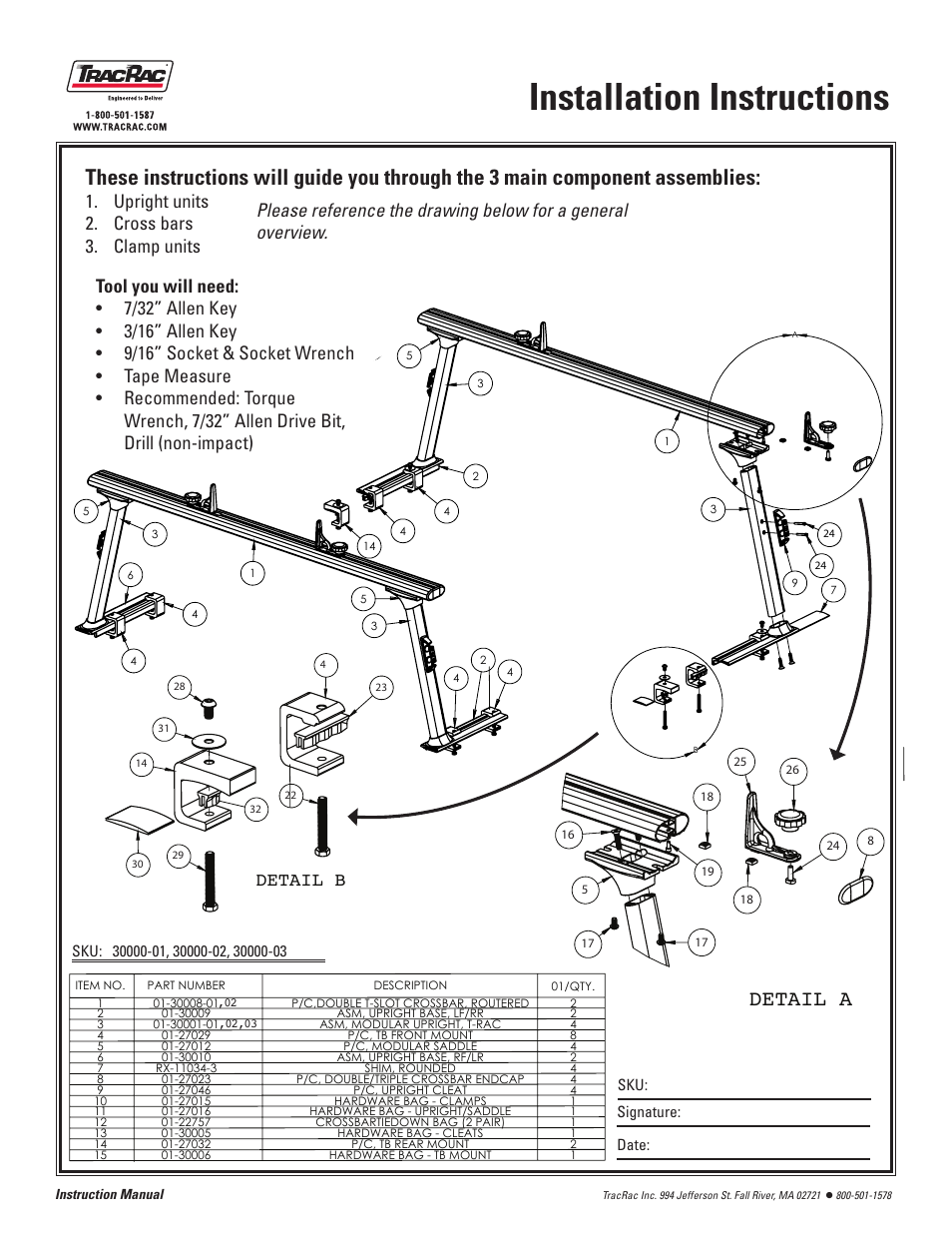 Installation instructions, Detail a, Upright units 1. cross bars 2. clamp units 3 | Detail b | TracRac IM T-Rac G2 User Manual | Page 4 / 14