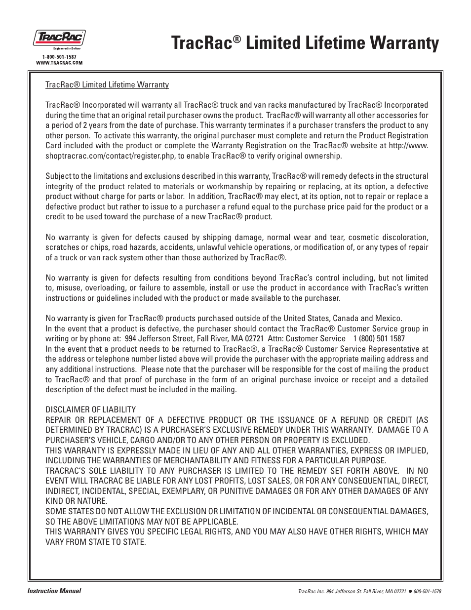 Tracrac, Limited lifetime warranty | TracRac IM TracONE User Manual | Page 16 / 18