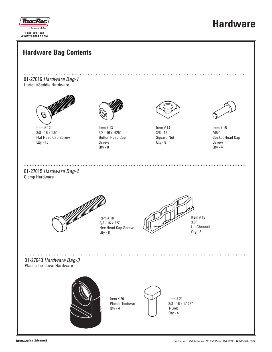 Hardware, Hardware bag contents | TracRac IM TracONE User Manual | Page 6 / 18