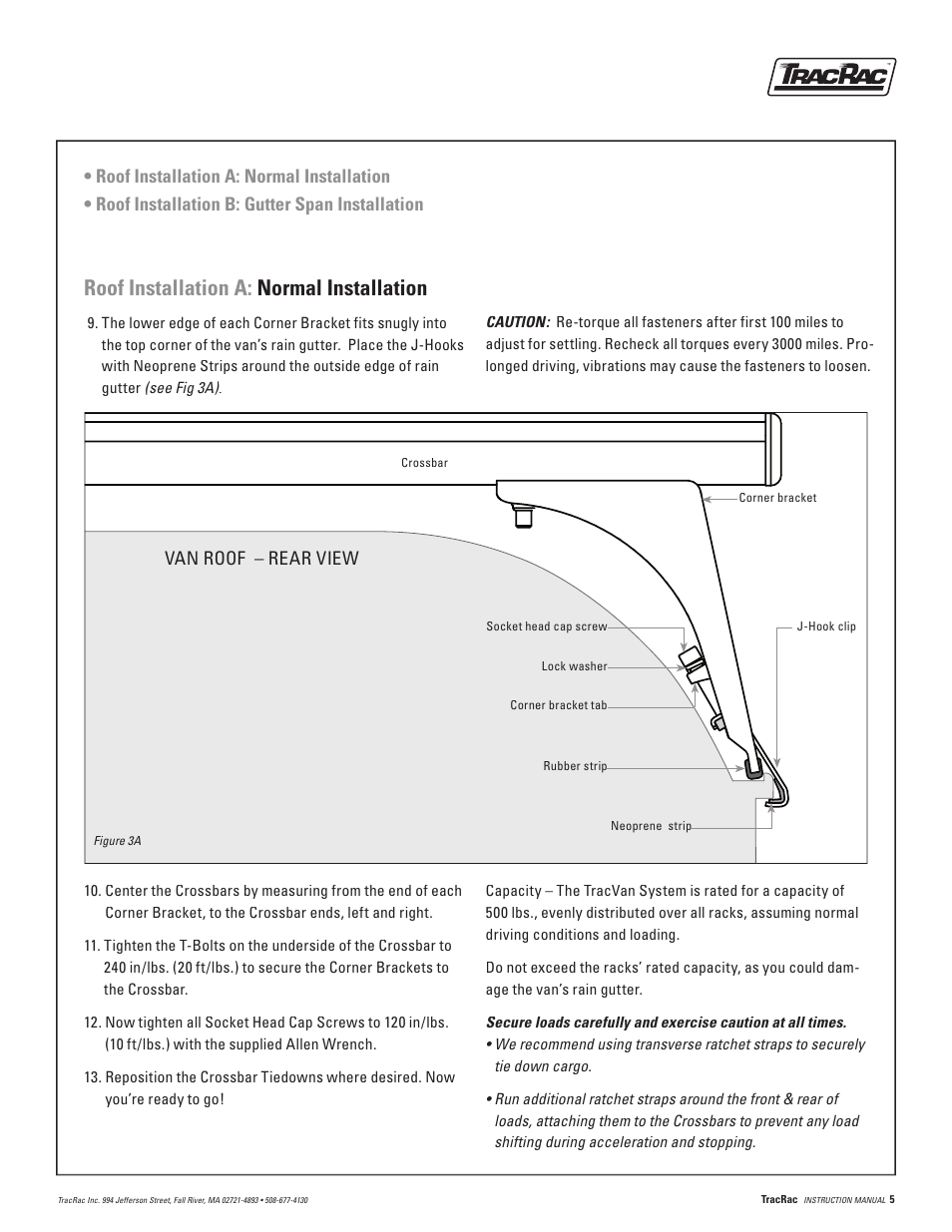 Roof installation a: normal installation, Van roof – rear view | TracRac IM TracVan Single User Manual | Page 5 / 8