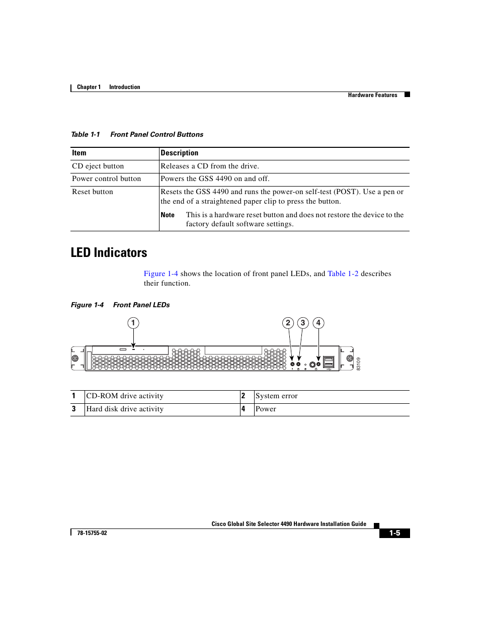 Led indicators, Figure 1-4, Table 1-1 | Cisco 4490 User Manual | Page 27 / 92