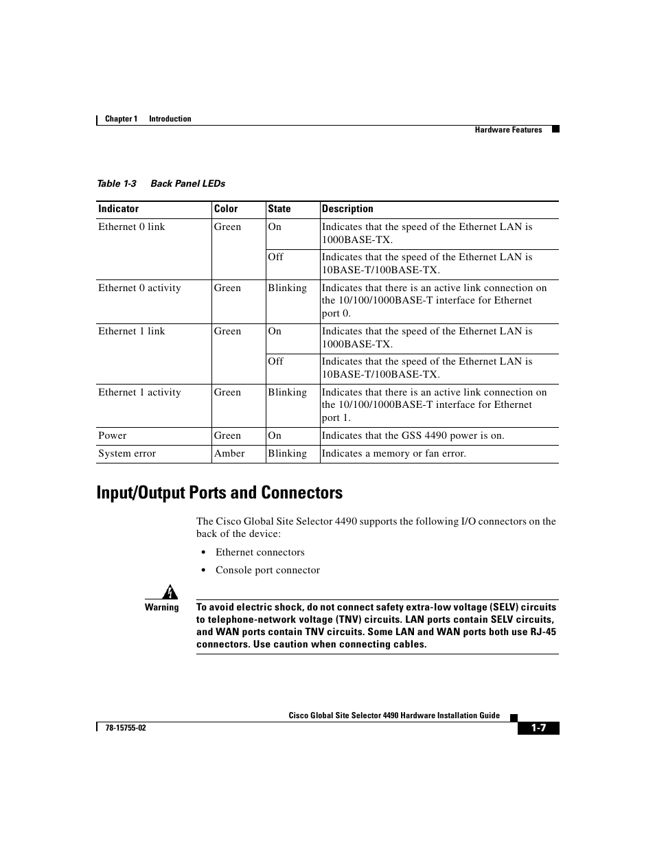 Input/output ports and connectors, Table 1-3 | Cisco 4490 User Manual | Page 29 / 92