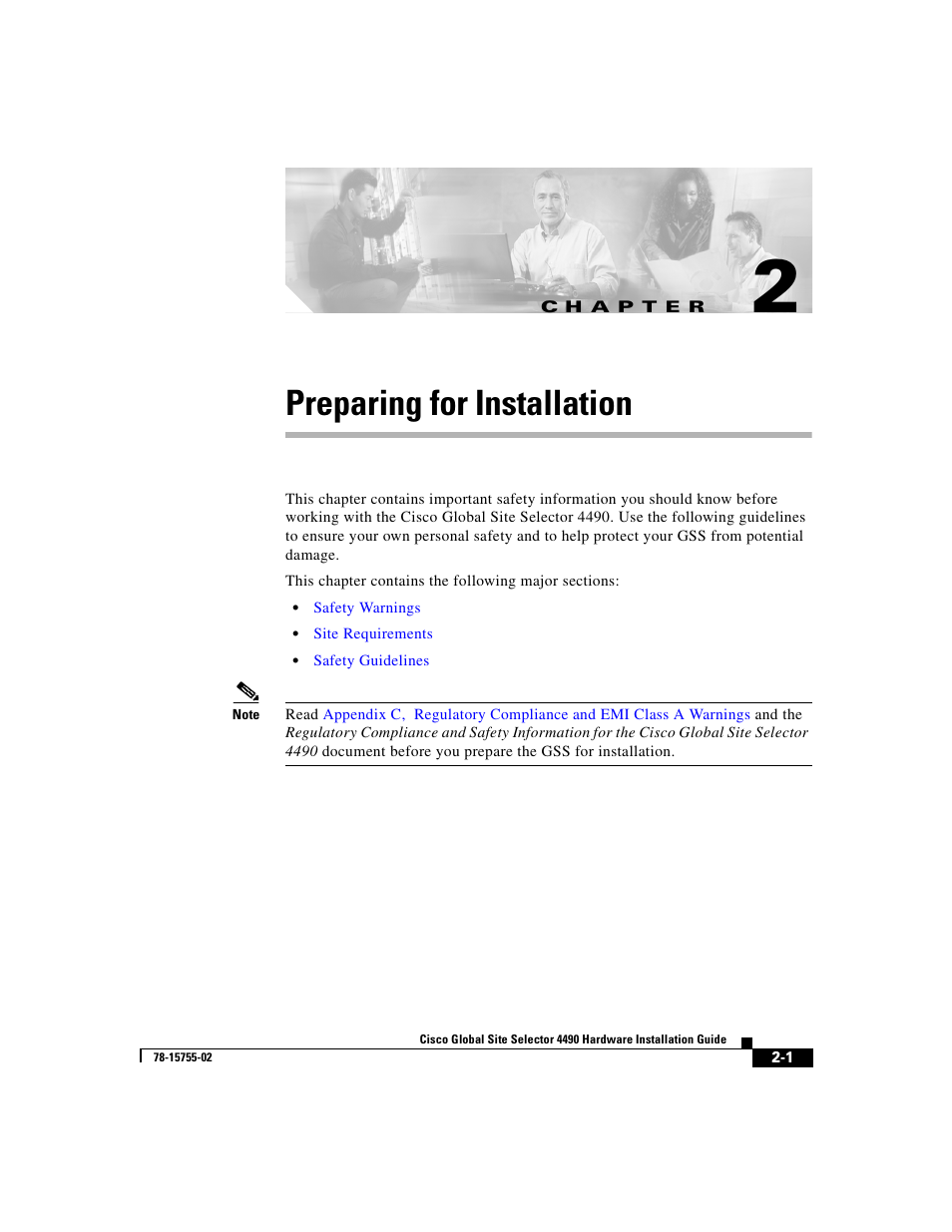 Preparing for installation, C h a p t e r, Chapter 2, preparing for installation | Cisco 4490 User Manual | Page 35 / 92