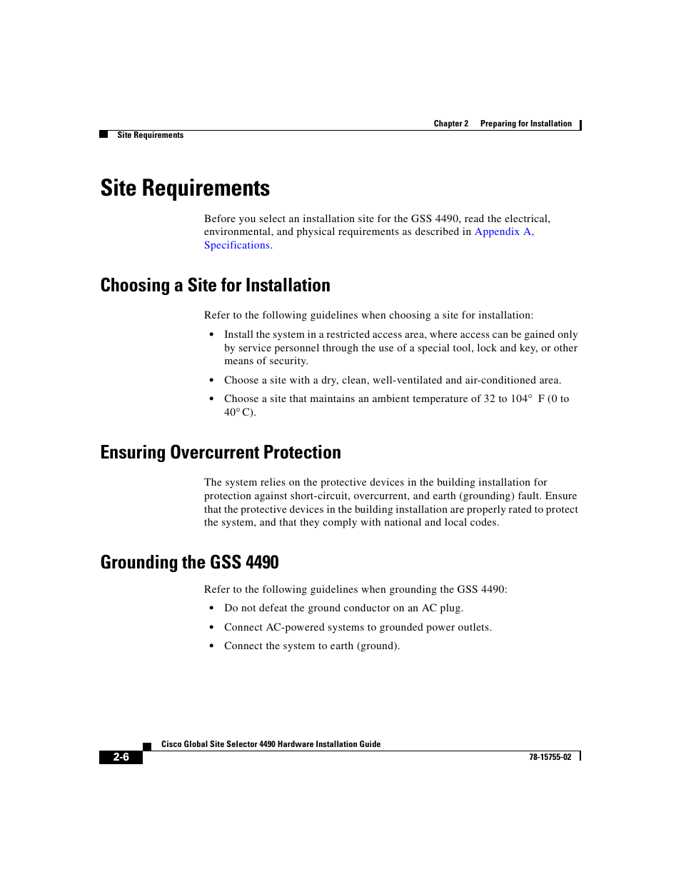 Site requirements, Choosing a site for installation, Ensuring overcurrent protection | Grounding the gss 4490 | Cisco 4490 User Manual | Page 40 / 92