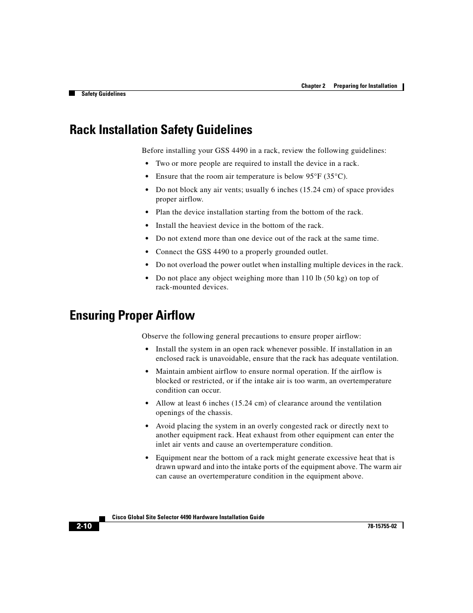 Rack installation safety guidelines, Ensuring proper airflow | Cisco 4490 User Manual | Page 44 / 92