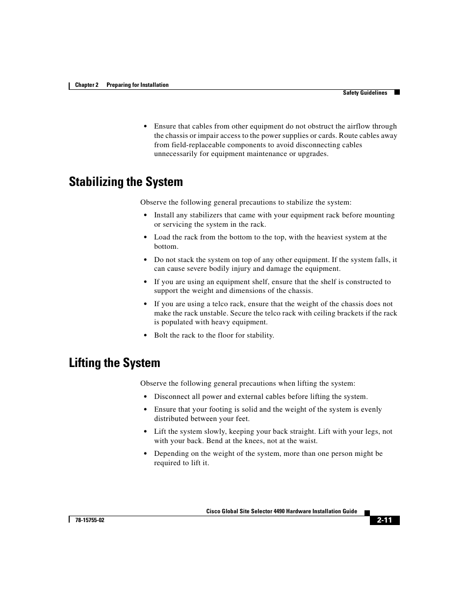 Stabilizing the system, Lifting the system | Cisco 4490 User Manual | Page 45 / 92