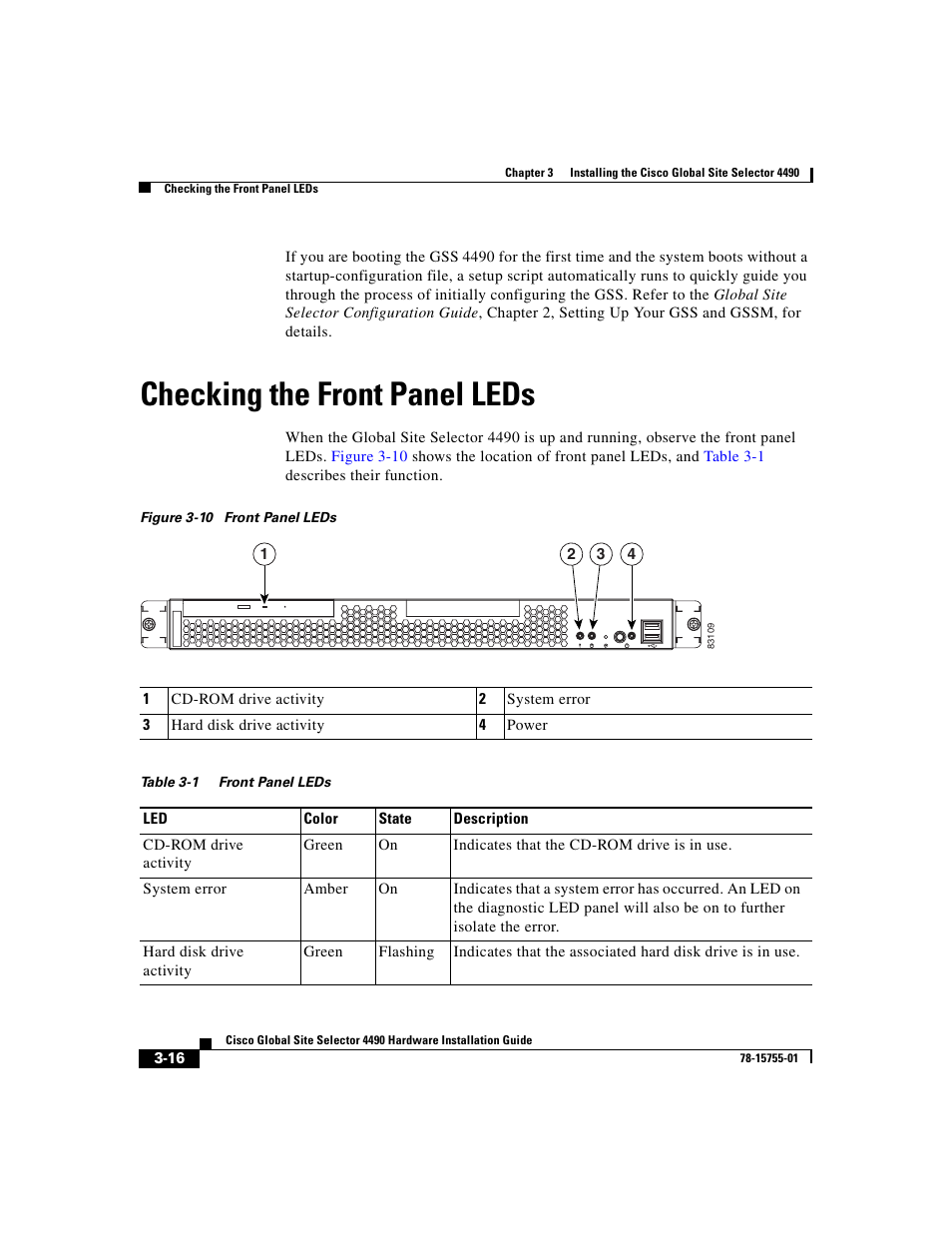 Checking the front panel leds, Figure 3-10, Table 3-1 | Cisco 4490 User Manual | Page 62 / 92