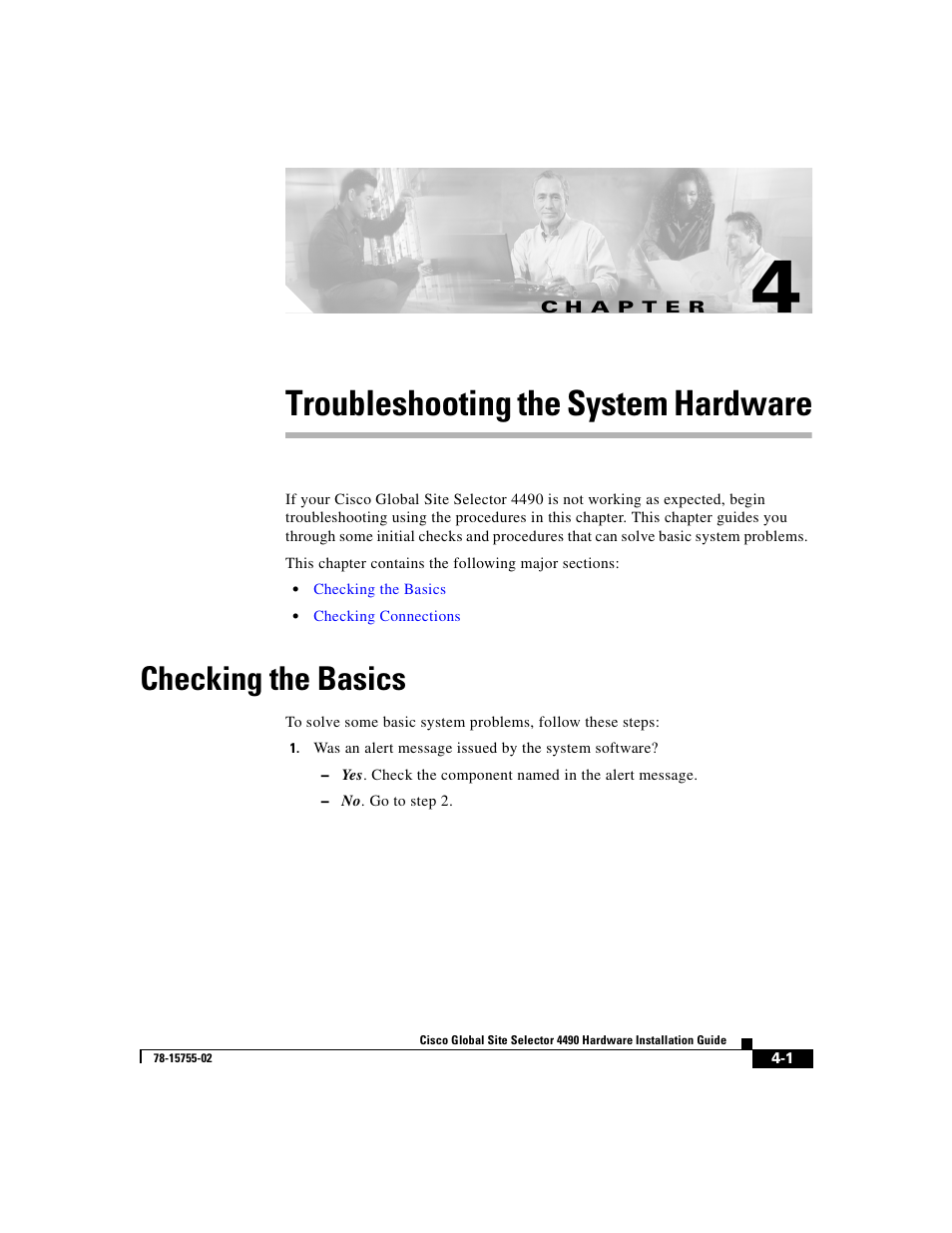 Troubleshooting the system hardware, Checking the basics, C h a p t e r | Chapter 4, troubleshooting the system hardware | Cisco 4490 User Manual | Page 65 / 92