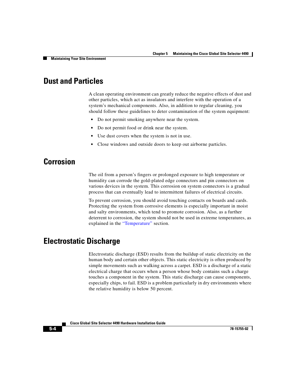 Dust and particles, Corrosion, Electrostatic discharge | Cisco 4490 User Manual | Page 72 / 92