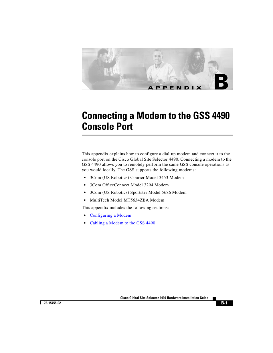 Connecting a modem to the gss 4490 console port, A p p e n d i x | Cisco 4490 User Manual | Page 79 / 92