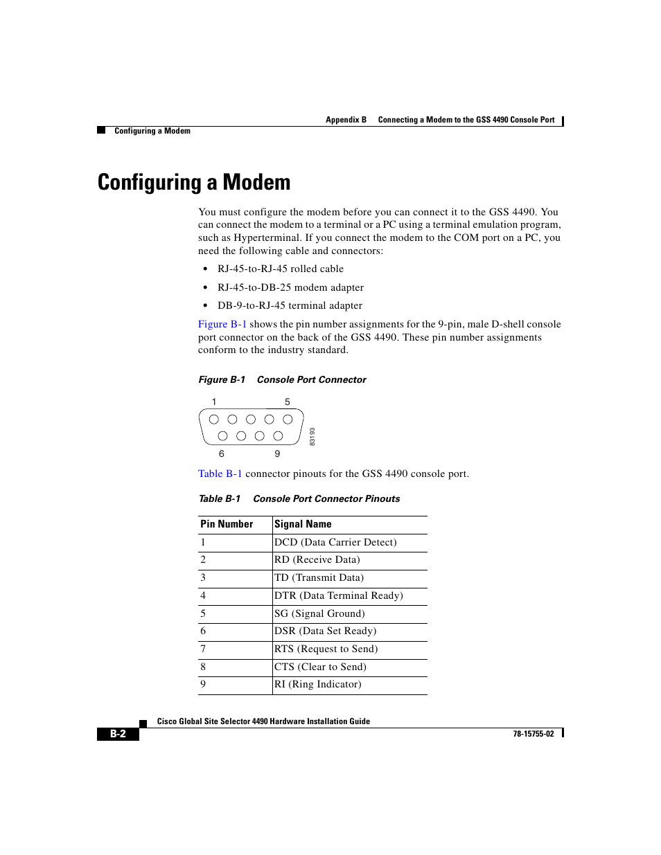 Configuring a modem, Figure b-1, Table b-1 | Cisco 4490 User Manual | Page 80 / 92