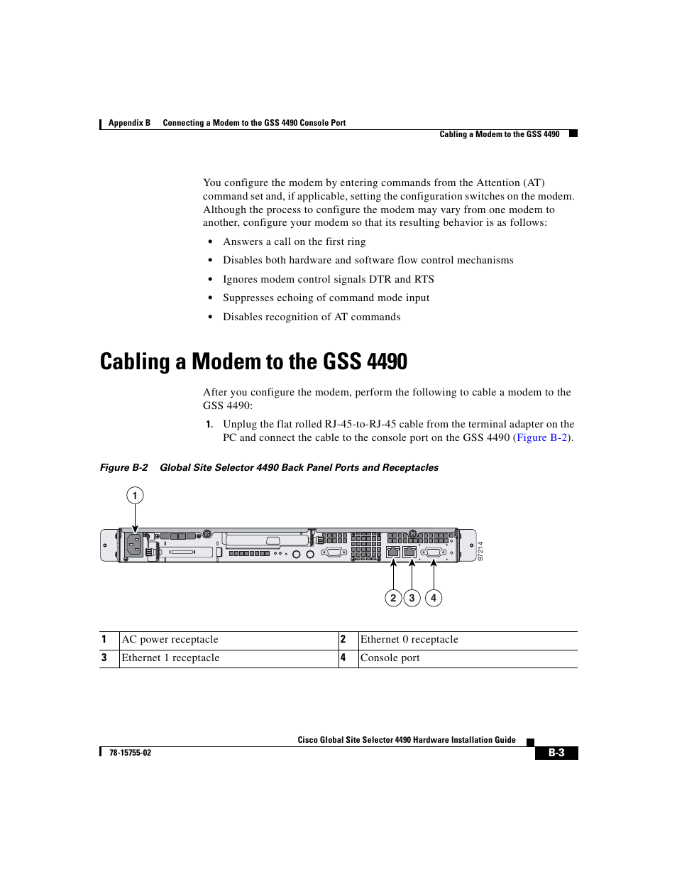 Cabling a modem to the gss 4490, Figure b-2 | Cisco 4490 User Manual | Page 81 / 92
