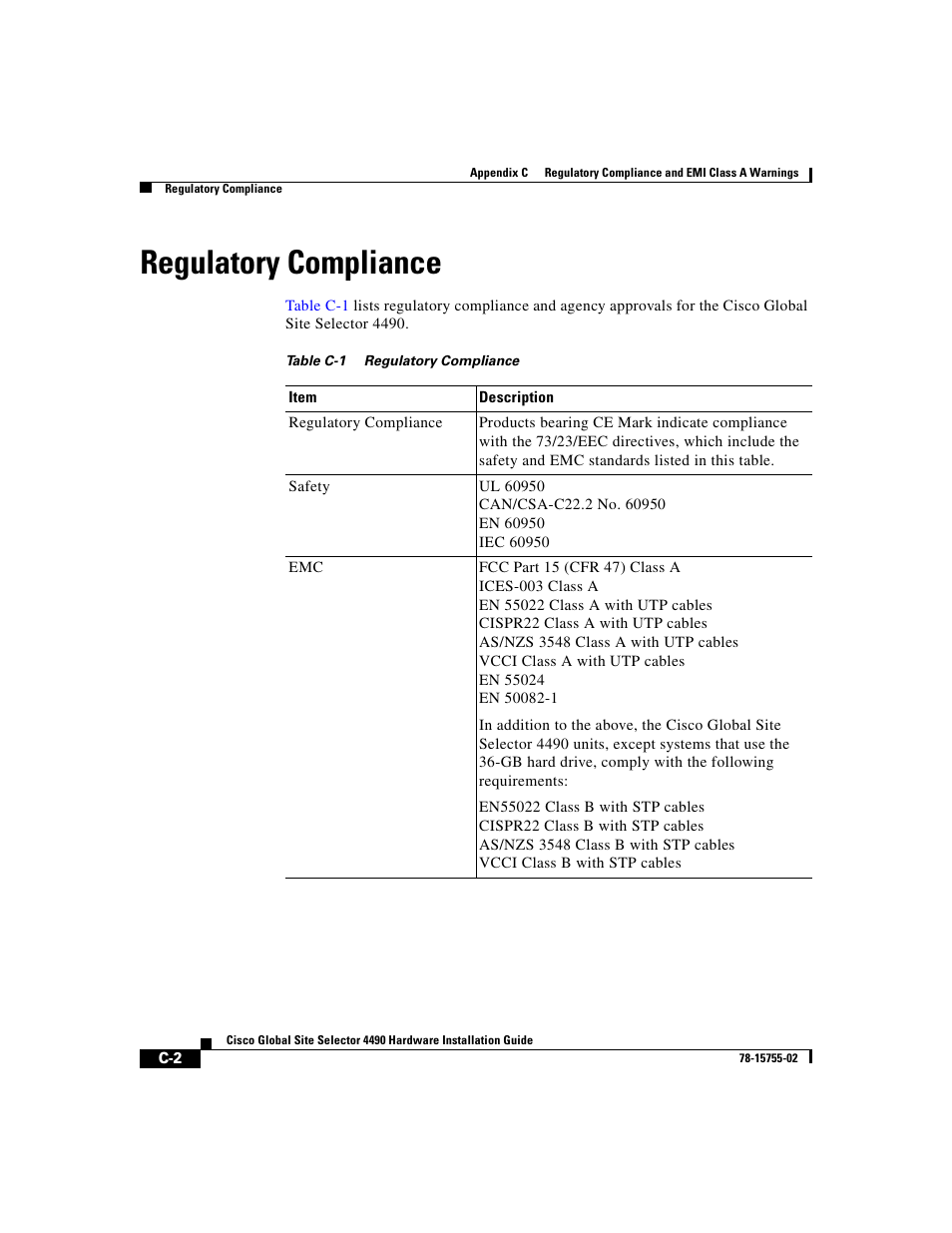 Regulatory compliance, Table c-1 | Cisco 4490 User Manual | Page 84 / 92