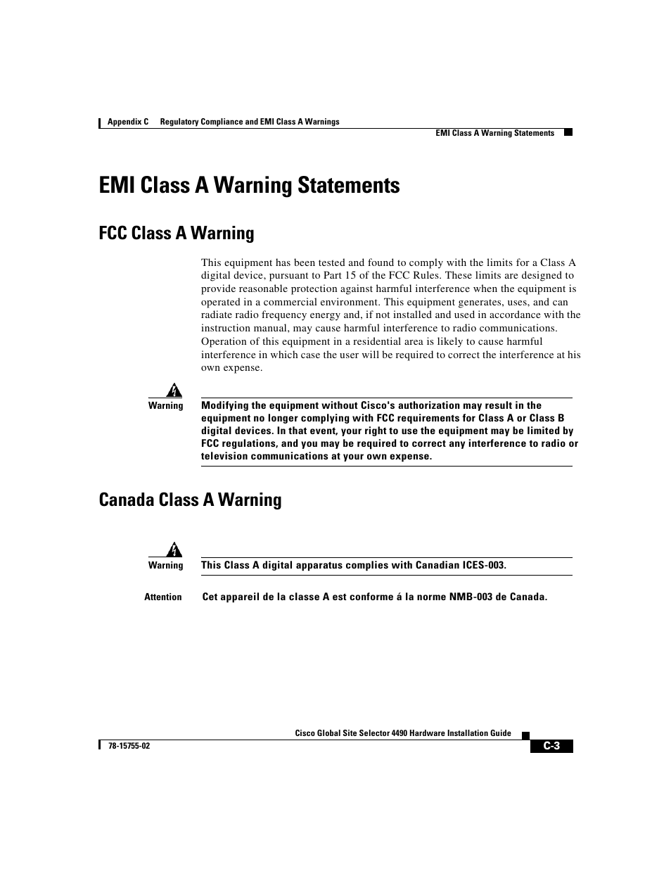 Emi class a warning statements, Fcc class a warning, Canada class a warning | Cisco 4490 User Manual | Page 85 / 92