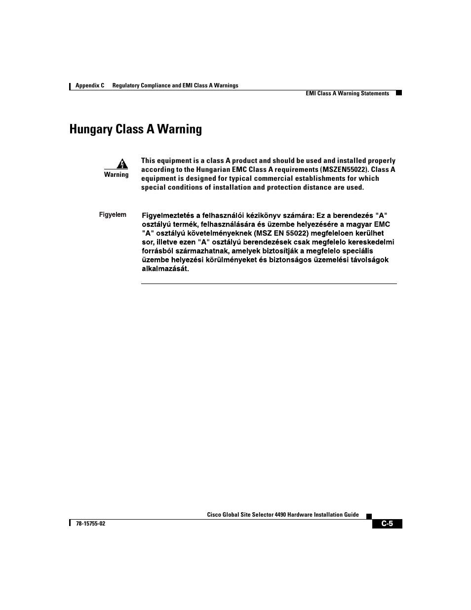 Hungary class a warning | Cisco 4490 User Manual | Page 87 / 92
