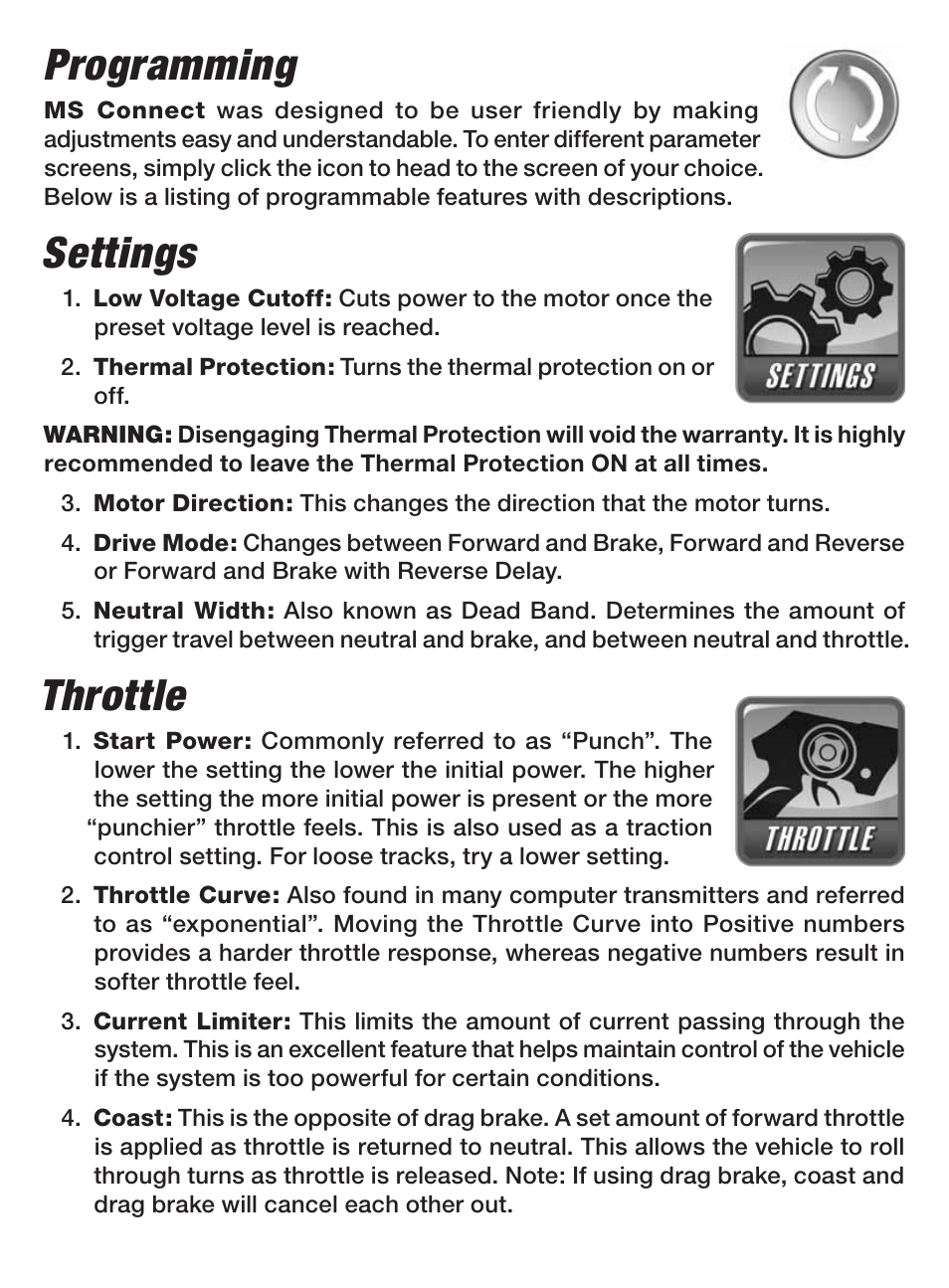 Programming, Settings, Throttle | TrakPower Batteries ESC Programming Adapter User Manual | Page 4 / 6