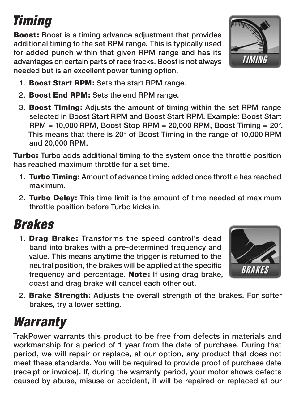 Timing, Brakes, Warranty | TrakPower Batteries ESC Programming Adapter User Manual | Page 5 / 6