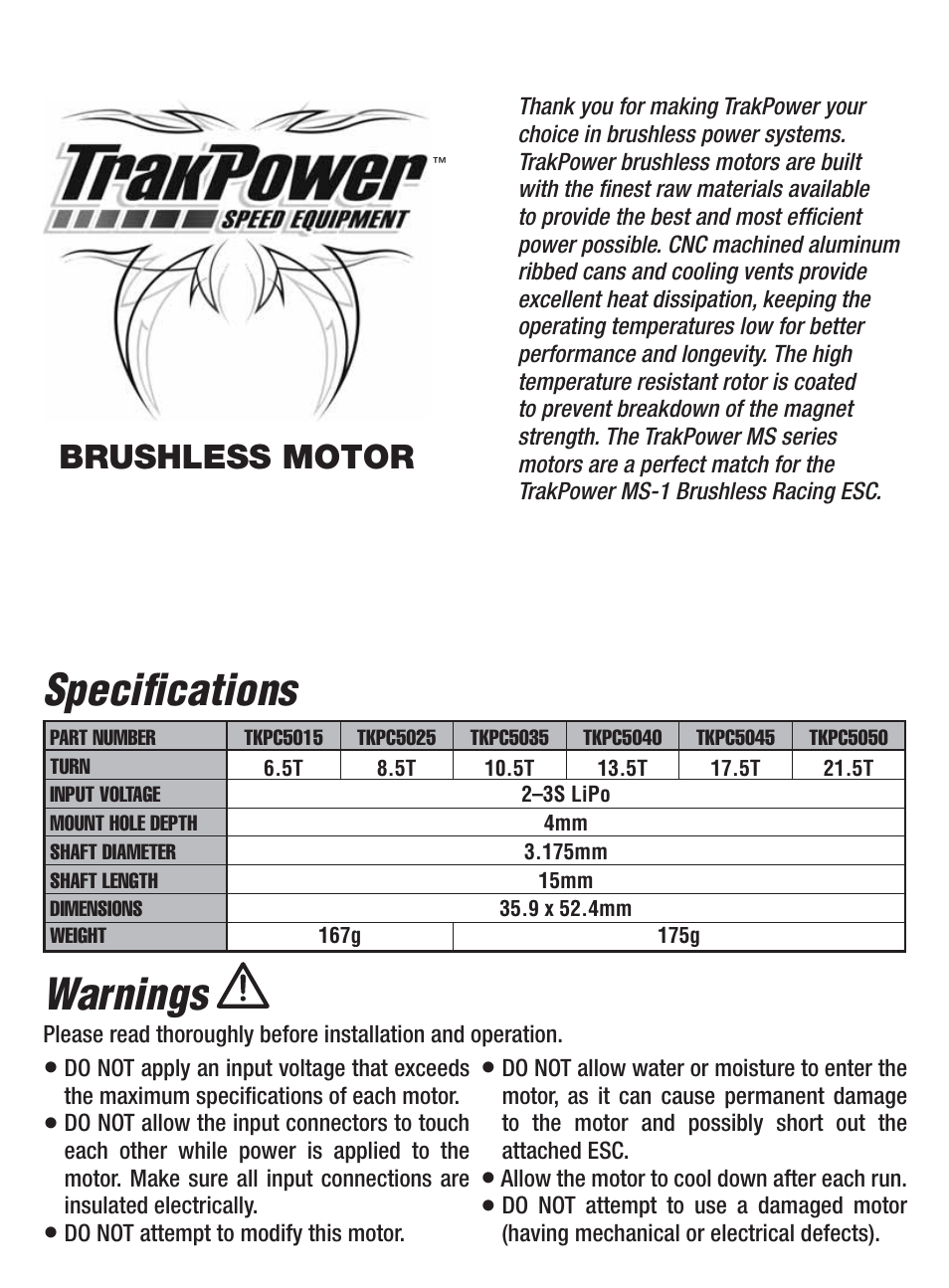 TrakPower MS Series Sensored Brushless Motors User Manual | 4 pages