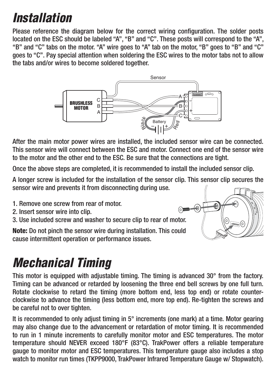 Installation, Mechanical timing | TrakPower MS Series Sensored Brushless Motors User Manual | Page 2 / 4