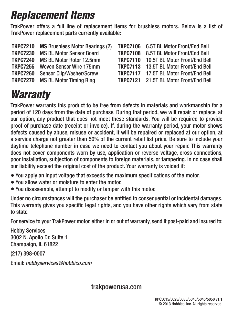 Replacement items, Warranty | TrakPower MS Series Sensored Brushless Motors User Manual | Page 4 / 4