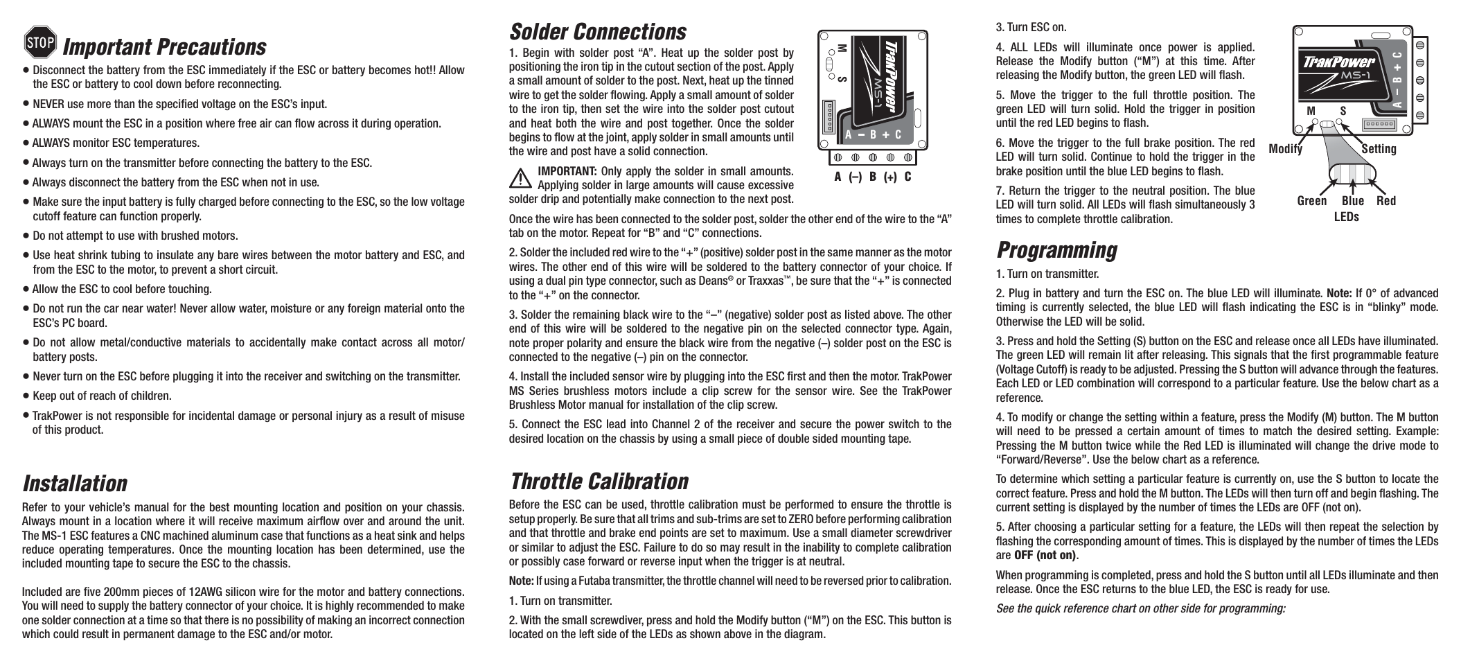 Important precautions, Installation, Solder connections | Throttle calibration, Programming | TrakPower MS-1 Brushless ESC User Manual | Page 3 / 6